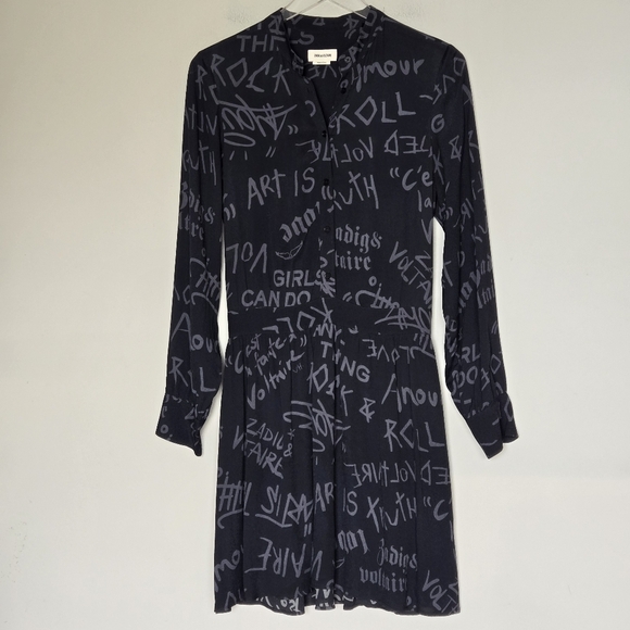Zadig & Boltaire Refla Crepe Manifest Black Graffiti Shirt Dress Size Small - Picture 5 of 14